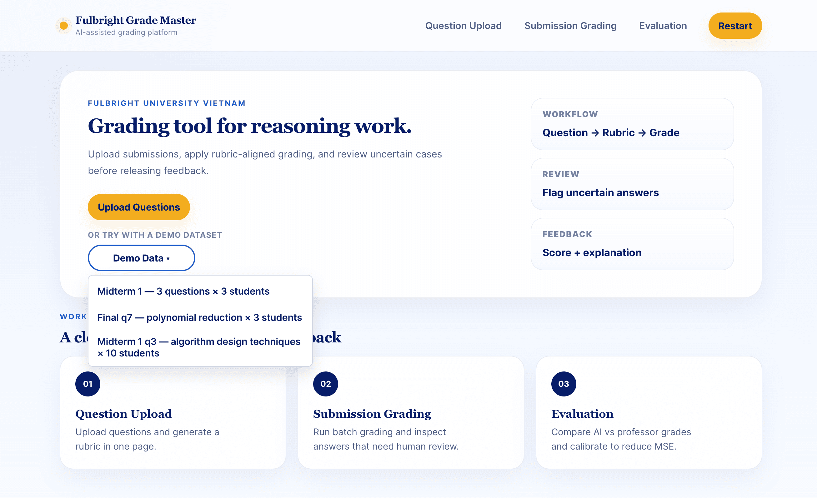 Homepage of the grading tool showing the workflow from question to rubric to grade.