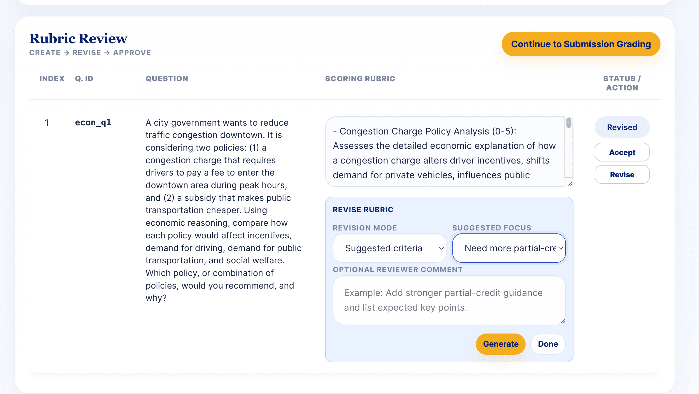 Rubric revision interface with the question source and editable rubric draft.
